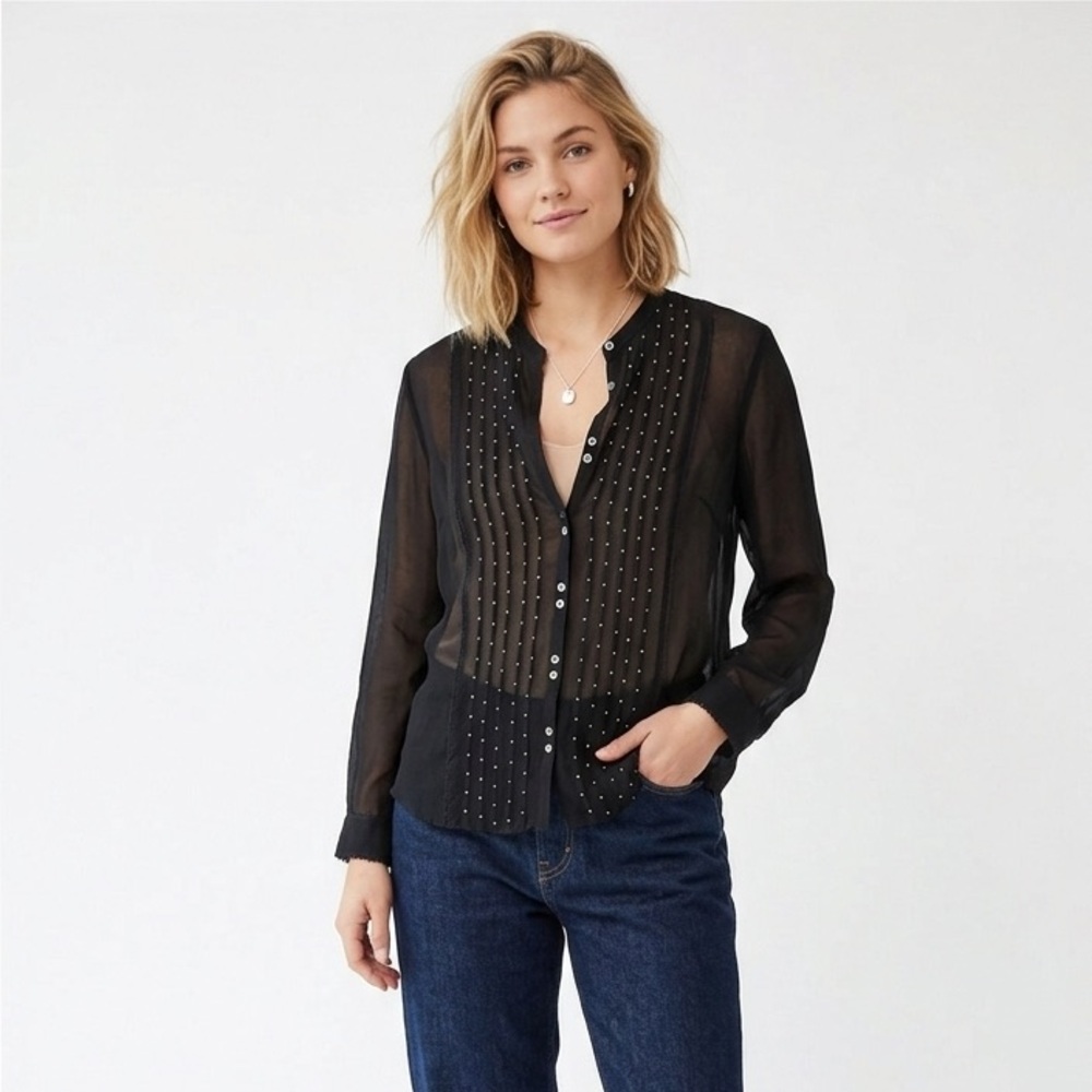 SUSAN BRISTOL Silk Black Button Up Sheer Blouse Size Small Vintage